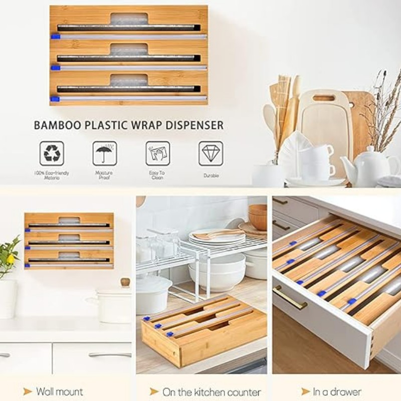 カッター、プラスチックラップ、アルミホイル、キッチン引き出し用ワックスペーパーディスペンサー、竹ロールオーガナイザーホルダー、12 \\\\ \\\